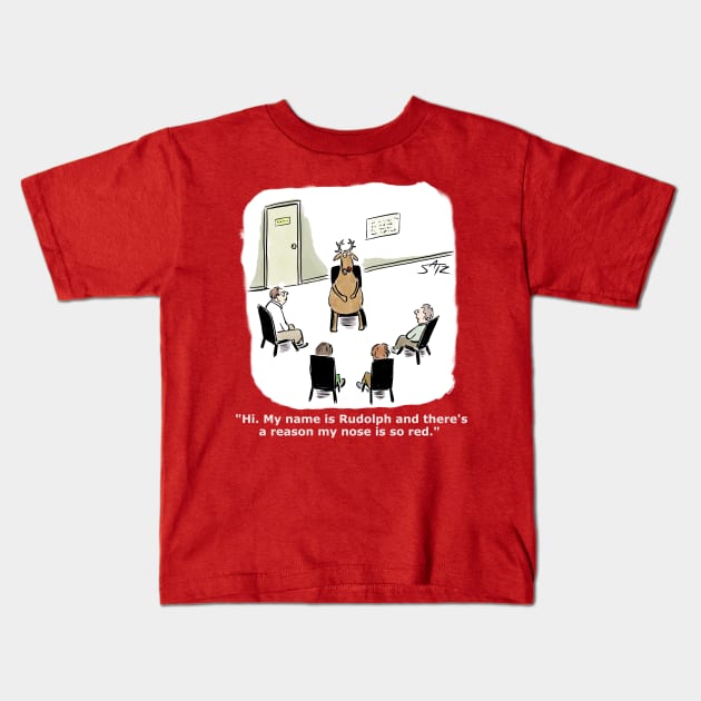 Funny Rudolph the Red Nosed Reindeer cartoon Kids T-Shirt by CrowdenSatzCartoons